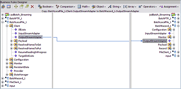 Image shows the Business Rules Designer with BatchLocalFile
to BatchRecord OutputStreamAdapter