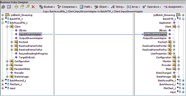 Image shows the Business Rules Designer with BatchLocalFile
to BatchFTP InputStreamAdapter