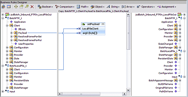 Image shows the Copy BatchFTP_1.Client.Payload to BatchLocalFile_1.Client.Payload
rule in the Business Rules Designer