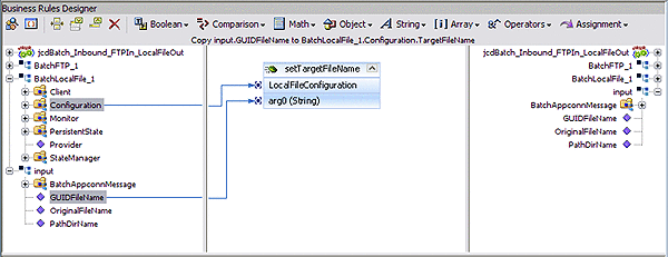 Image shows the Copy input.GUIDFileName to BatchFTP_1.Configuration.TargetFileName
rule in the Business Rules Designer
