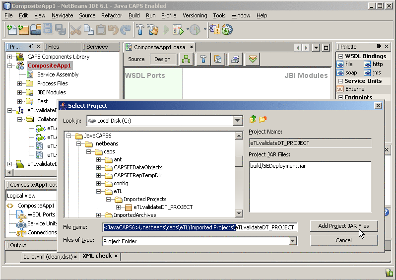 Select Project dialog box: Navigating to the
location of the eTL project JAR file