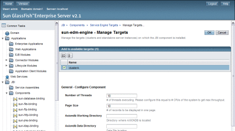 Figure shows the Manage Targets page for a JBI
component.