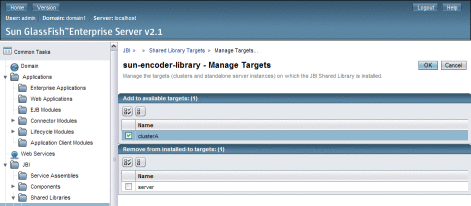 Figure shows the Manage Targets page for a shared
library.