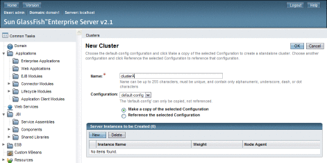 Figure shows the New Cluster page on the Admin
Console.
