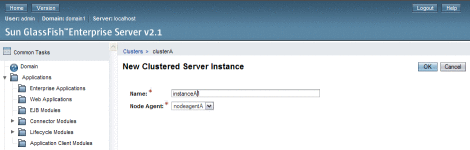 Figure shows the New Clustered Server Instance
page of the Admin Console.