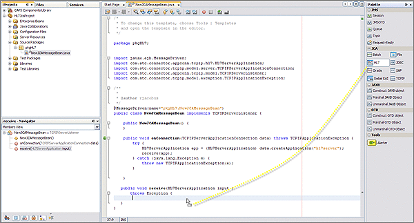 Image shows the HL7 JCA dragged  from the JCA
code palette to the curly brackets of the receive.