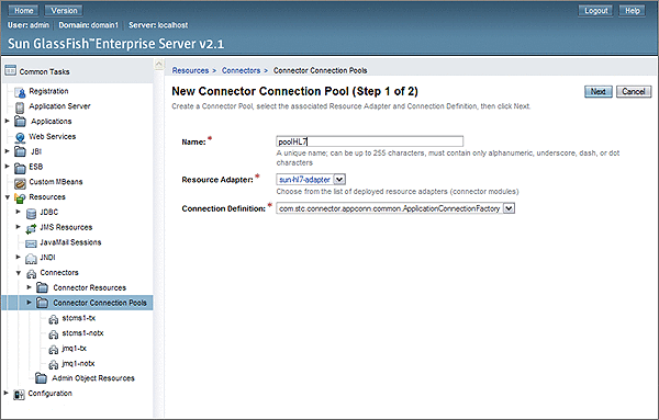 Step 1 of the New Connector Connection Pool wizard
for the HL7 JCA Adapter