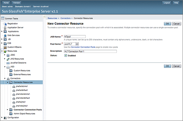 Admin Console creating a new connector resource
for the HL7 JCA Adapter