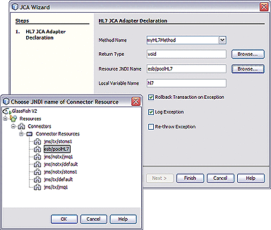 Image shows the JCA Wizard and brows window used
to select the Resource JNDI Name for the adapter declaration.