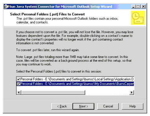 Setup Wizard: Select Personal Folders (.pst) Files to Convert