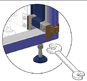 This figure shows a wrench adjusting the cabinet extension feet until the feet contact the floor.