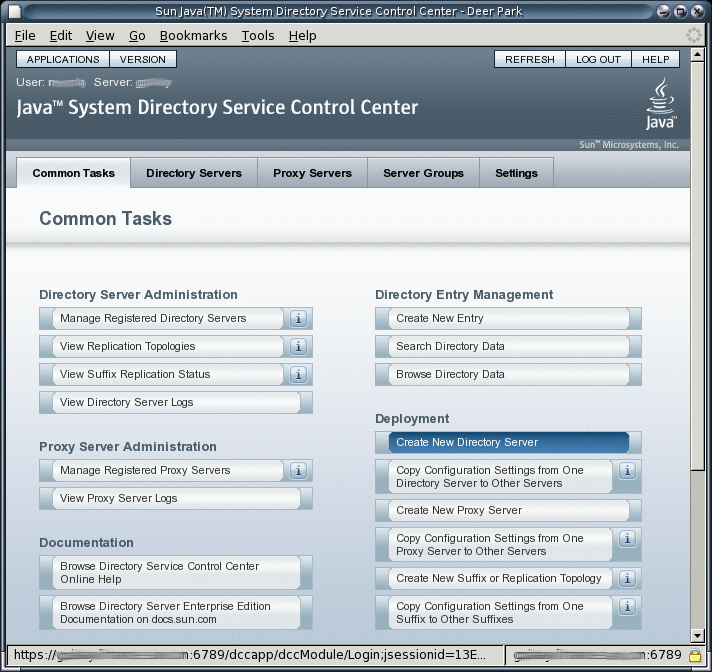 Common tasks page for Directory Service Control Center