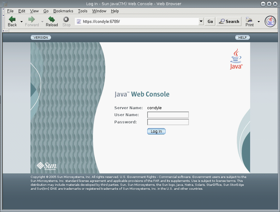 Sun Java Web Console login window.