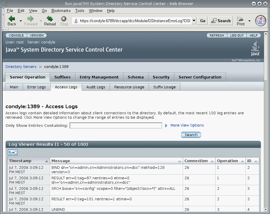 Access log viewed through DSCC. The access log
entries are listed in a table.