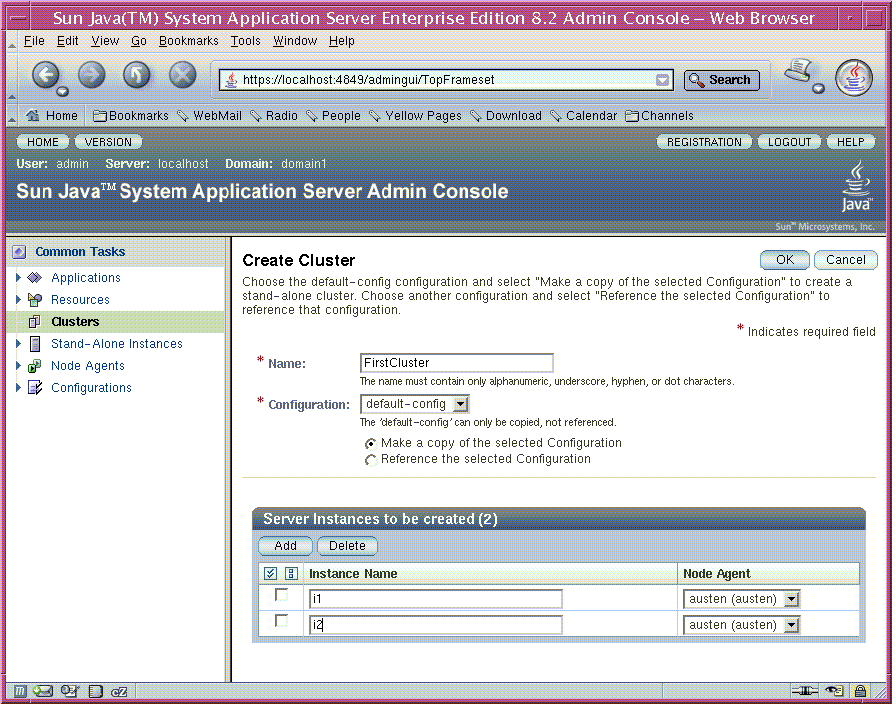 Create Cluster page showing cluster name, configuration,
and server instances to be created. 