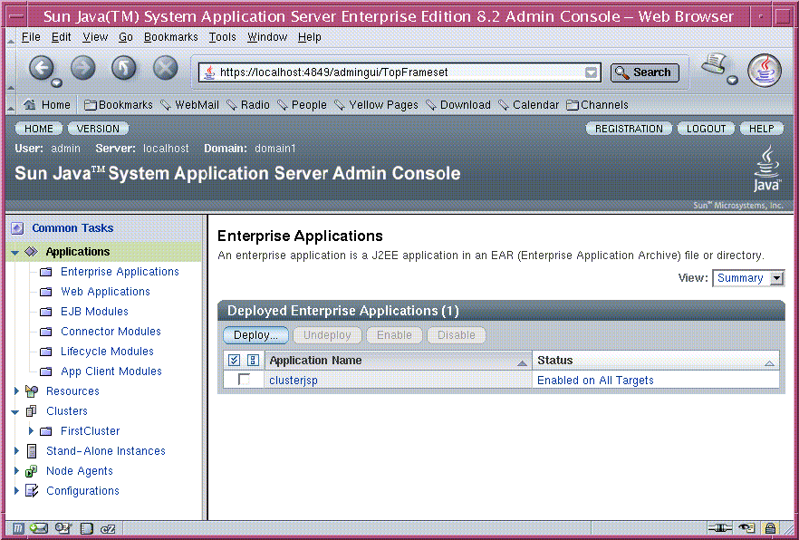List of deployed enterprise applications with clusterjsp
included