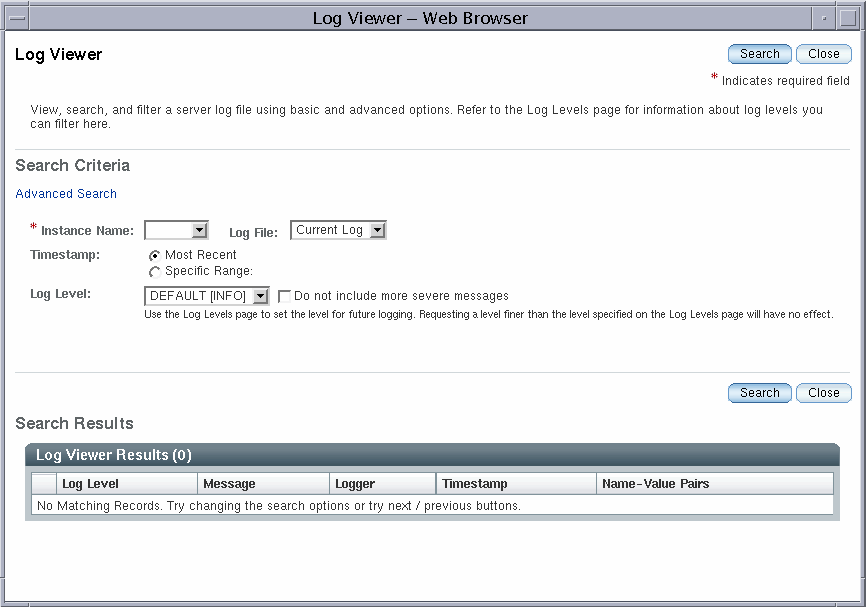 The Log Viewer provides view, search, and filter options.