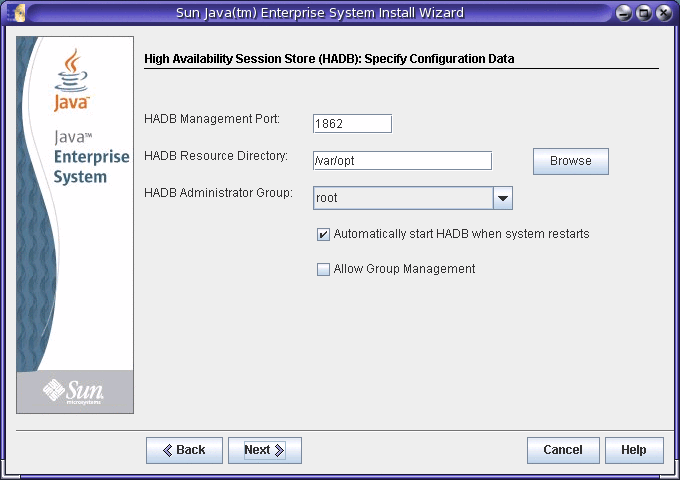 Example screen capture of a configuration page in the
Java ES installer.