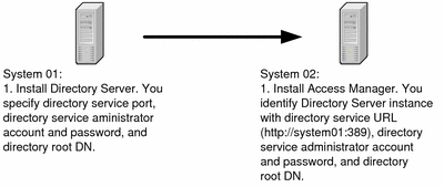 Computer 01: Directory Server. Computer 02: install and
configure Access Manager to interoperate with Directory Server instance on
computer 01.