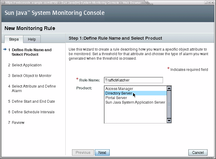 Step 1 of the Rule wizard: enter a name and choose a
product component to monitor.