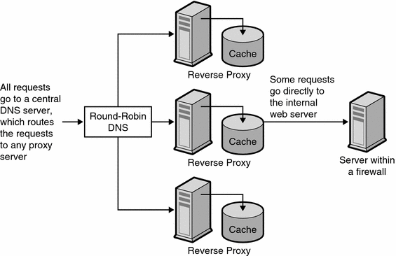 Diagram showing a proxy used for load balancing where
all requests go to a central DNS server that routes the requests to any proxy
server.