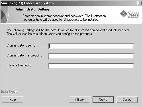 Example page capture of the Administrator Settings page in the Java ES installer.