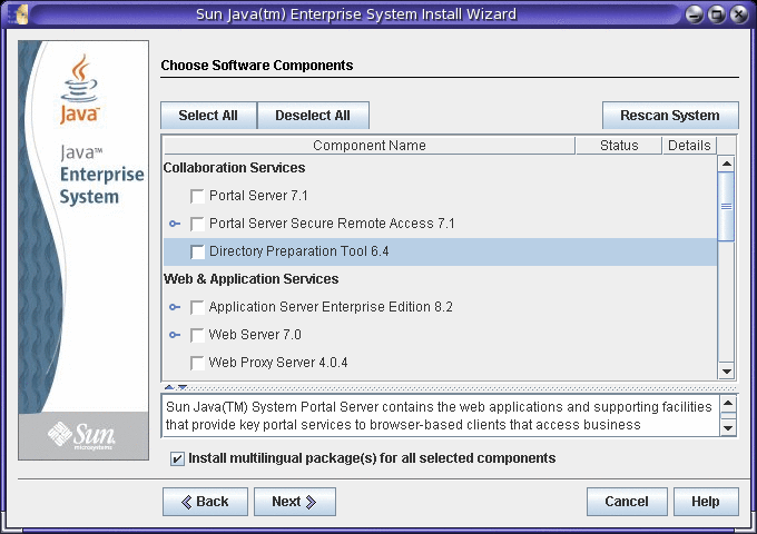 Bildschirmdarstellung eines Beispiels für die Seite zur Auswahl der Softwarekomponenten im Java ES-Installationsprogramm.