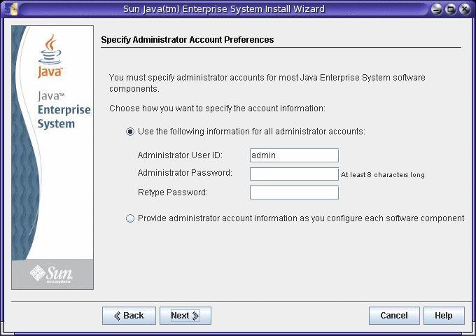 Darstellung eines Beispielbildschirms des Fensters für die Passwortauswahl im Java ES-Installationsprogramm.