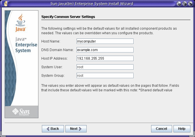 Captura de pantalla de ejemplo de la página Especifique la configuración común del servidor del programa de instalación de Java ES.