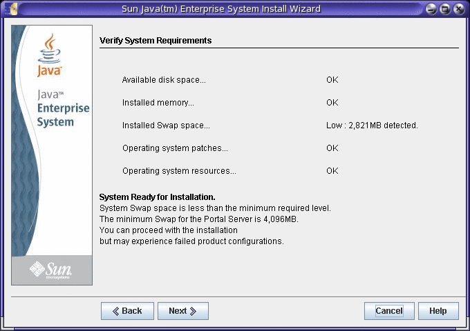 Captura de pantalla de ejemplo de la página Verificar requisitos del sistema del programa de instalación de Java ES.