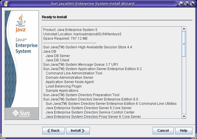 Exemple de capture d'écran de la page Prêt pour l'installation dans le programme d'installation de Java ES.