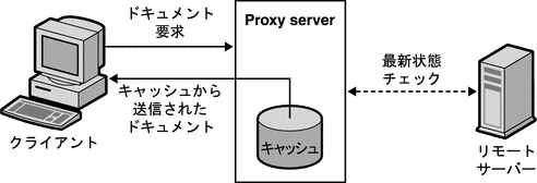 ドキュメントを要求しているクライアントとキャッシュからドキュメントを送信しているプロキシサーバーを示す図