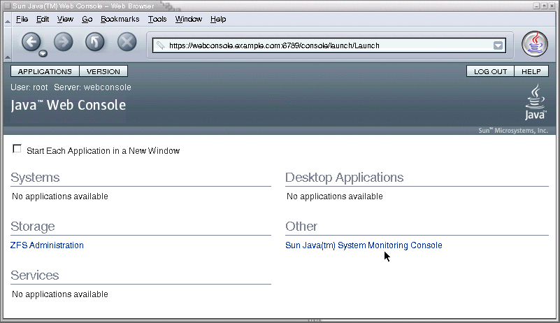 Fenêtre principale de Java Web Console après connexion avec la liste des services disponibles