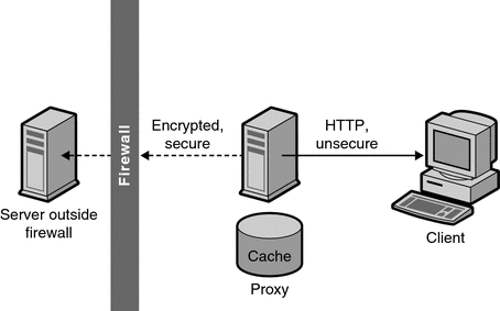 Diagram showing a secure proxy connection to content
server.