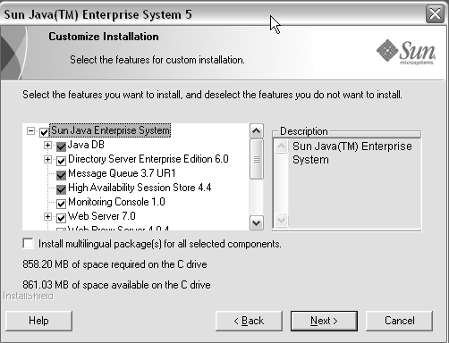 Imagen de la página Personalizar instalación del programa de instalación de Java ES.