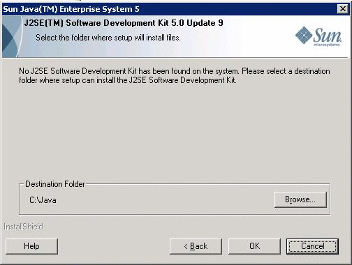 Exemple de page J2SE Software Development Kit 5.0 Update 9 dans le programme d'installation de Java ES