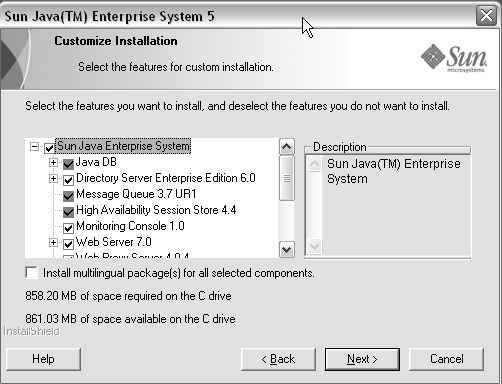 Exemple de page Personnaliser l'installation dans le programme d'installation de Java ES