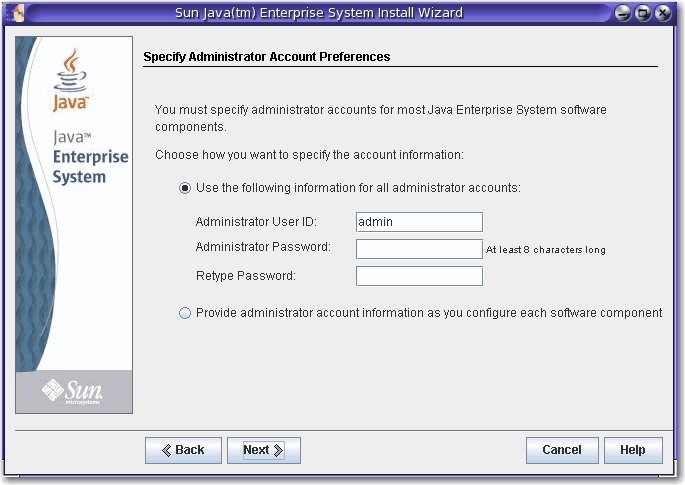 Screen capture of the Specify Administrator Account Preferences
page.