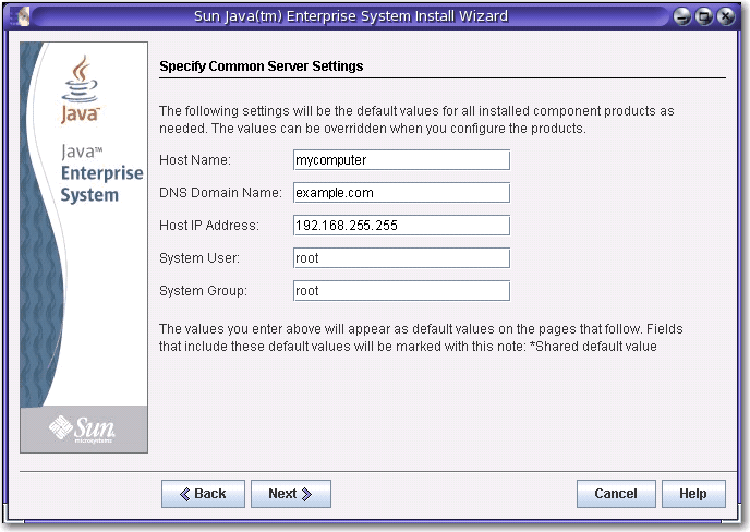 Screen capture of the Specify Common Server Settings
page.