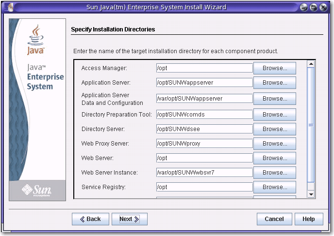 Screen capture of the Specify Installation Directories
page.