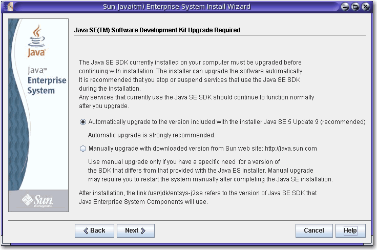 Screen capture of the J2SE SDK Upgrade Required page.