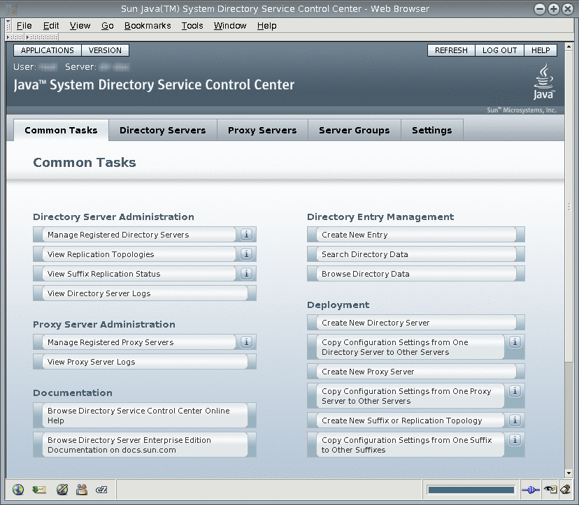 Common tasks page for Directory Service Control Center