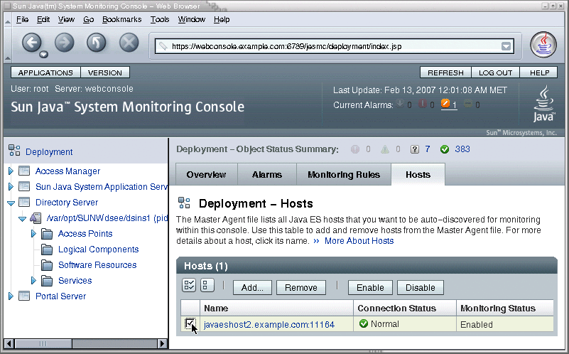 The Hosts tab showing the table of hosts and the controls
for selecting and disabling a host.