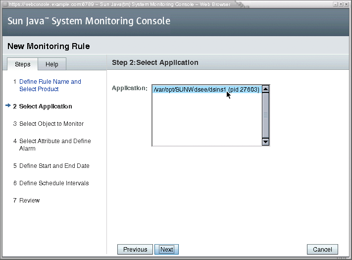 Step 2 of the Rule wizard: choose an application instance,
similar names may be differentiated based on their order