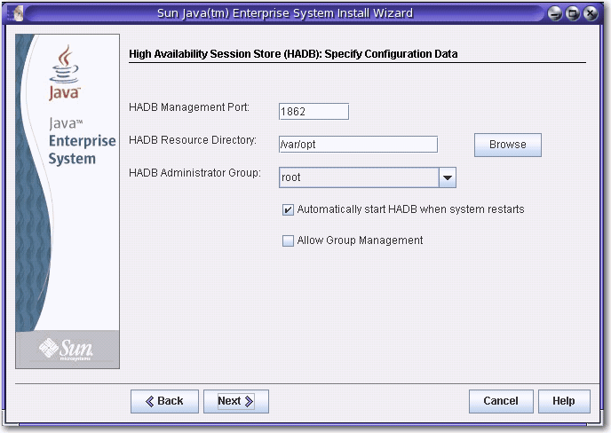 Screen capture of a typical component configuration page
(HADB).