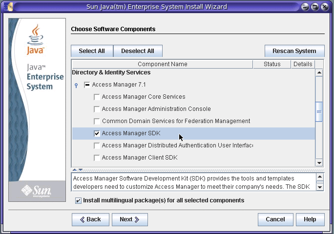 Java ES 5 Update 1 installer Choose Software Components
page