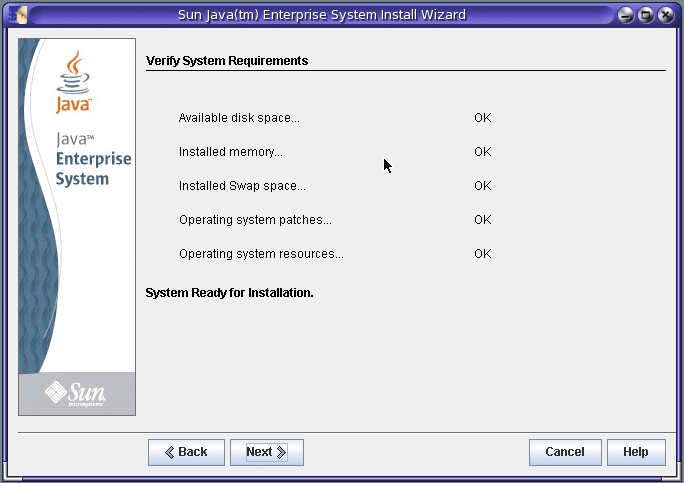 Java ES 5 Update 1 installer Verify System Requirements
page