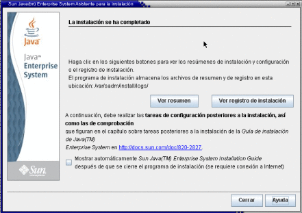 Captura de pantalla de la página Finalización de la instalación.