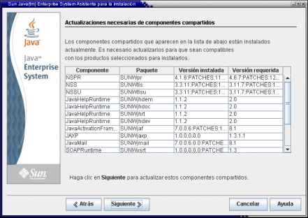 Captura de pantalla de la página Actualización necesaria de componentes compartidos.
