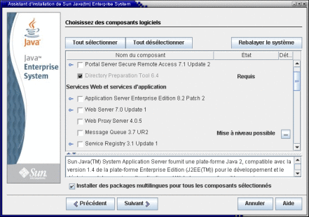 Capture d'écran de la page Choisir des composants logiciels.